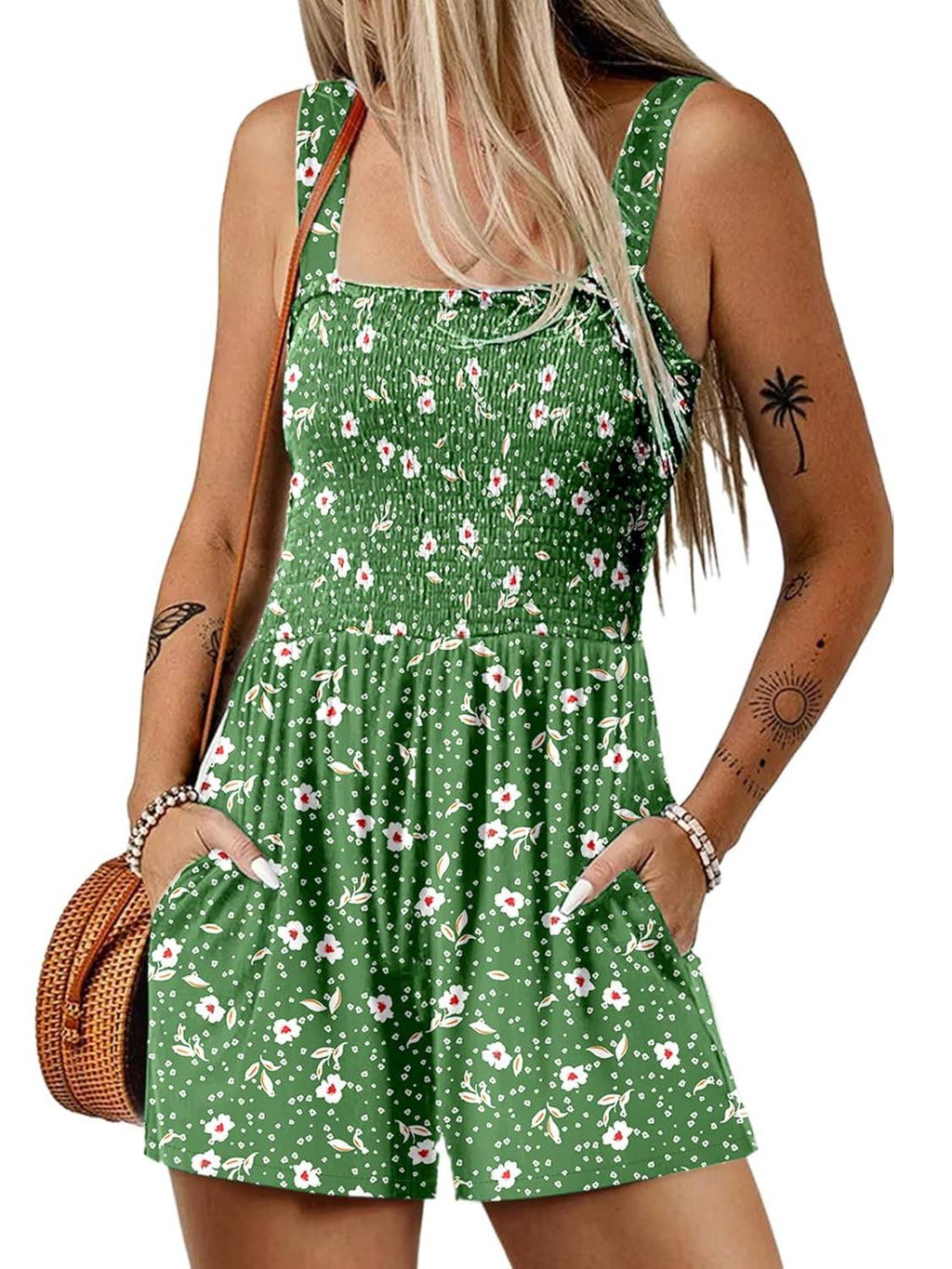 ⏰Hot Sale 49% Off💃Women's Summer Square Neck Sleeveless Loose Casual Short Smocked Romper