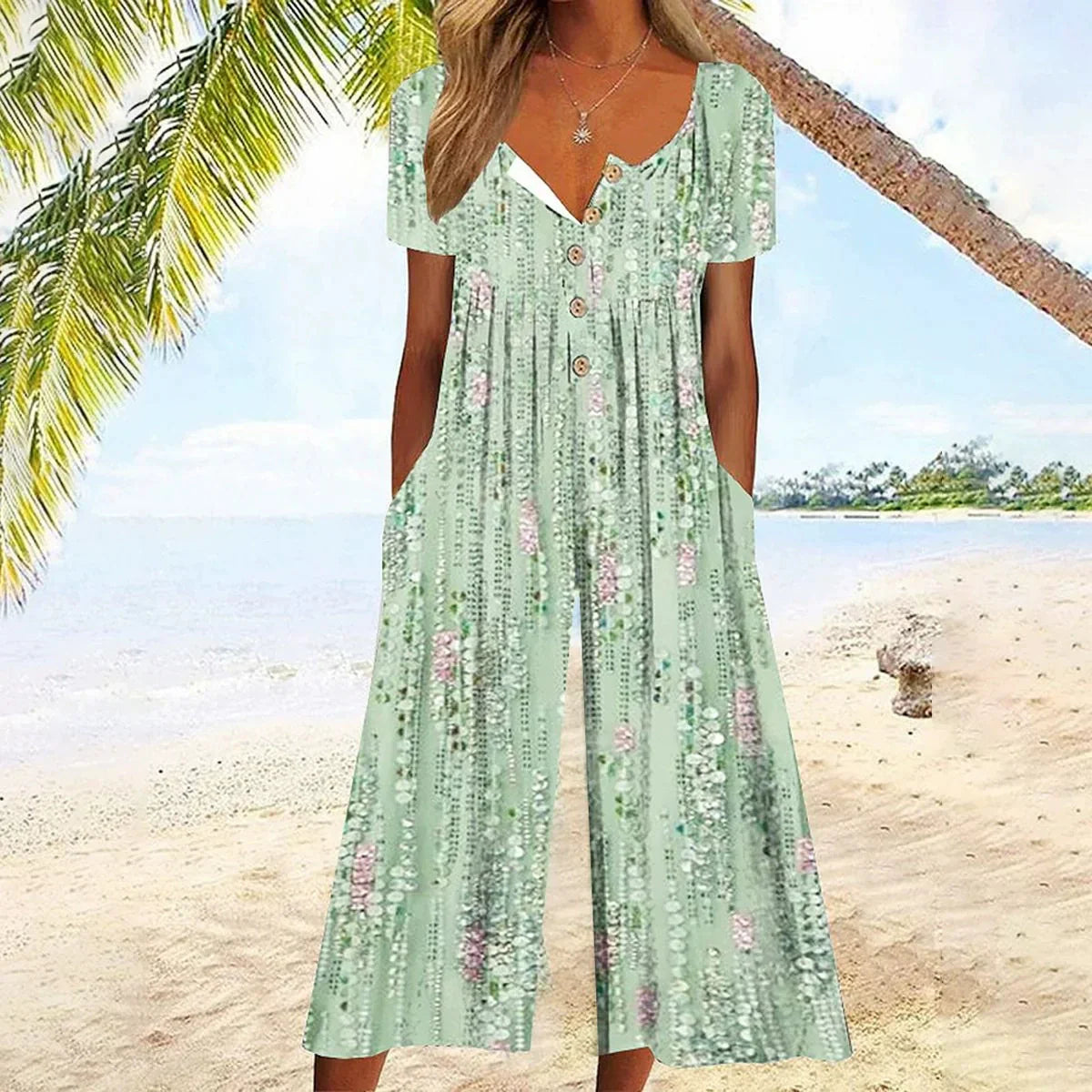 💥Last Day Special Sale 49% OFF💃Printed V-Neck Side Pocket Jumpsuit