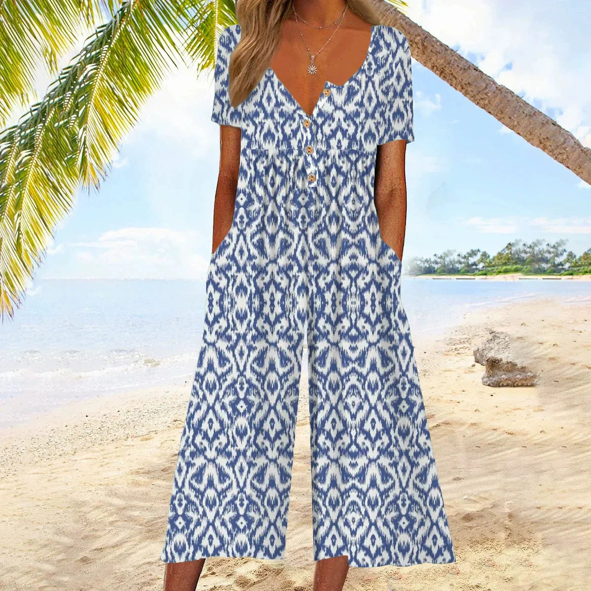 💥Last Day Special Sale 49% OFF💃Printed V-Neck Side Pocket Jumpsuit