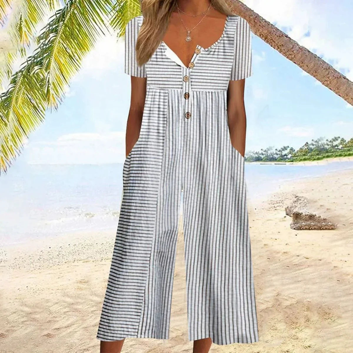 💥Last Day Special Sale 49% OFF💃Printed V-Neck Side Pocket Jumpsuit