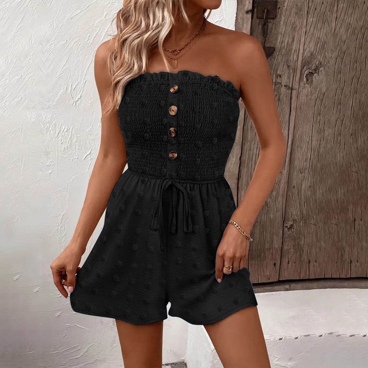 🎉Last Day Promotion 50% OFF💃Women's Strapless Frill Trim Shirred Tie Front Wide Leg Tube Romper