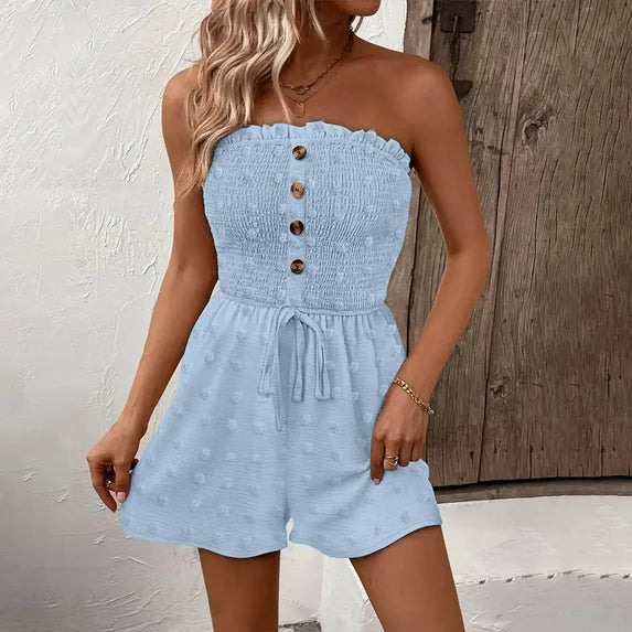 🎉Last Day Promotion 50% OFF💃Women's Strapless Frill Trim Shirred Tie Front Wide Leg Tube Romper