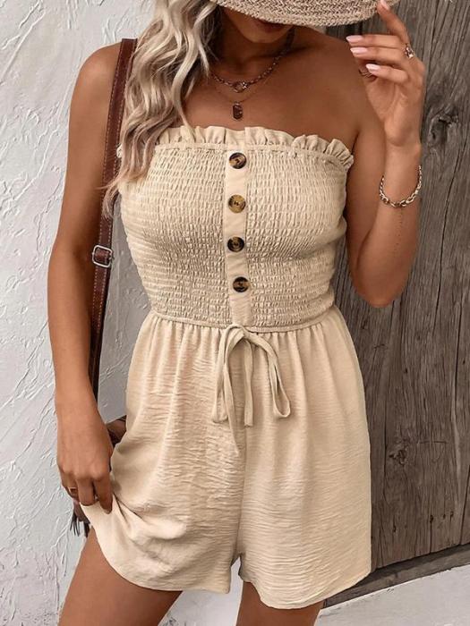 🎉Last Day Promotion 50% OFF💃Women's Strapless Frill Trim Shirred Tie Front Wide Leg Tube Romper
